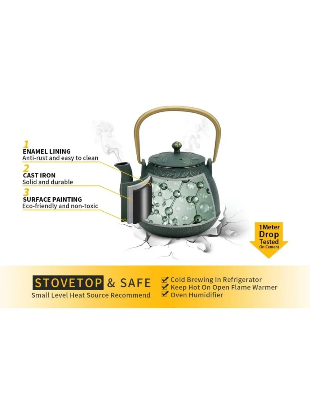 Japanese Cast Iron Teapot with Infuser, 40oz Stovetop Safe, Leaf Design, Dark